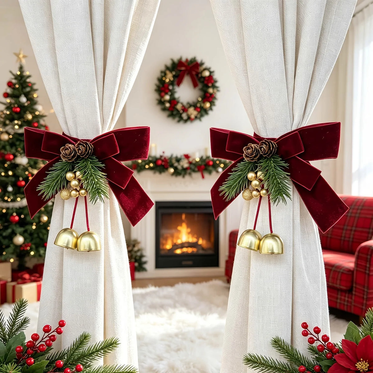 Christmas Curtain Tie-Backs Red Bow Pinecone Golden Bell Curtain Tie-Backs Richie's