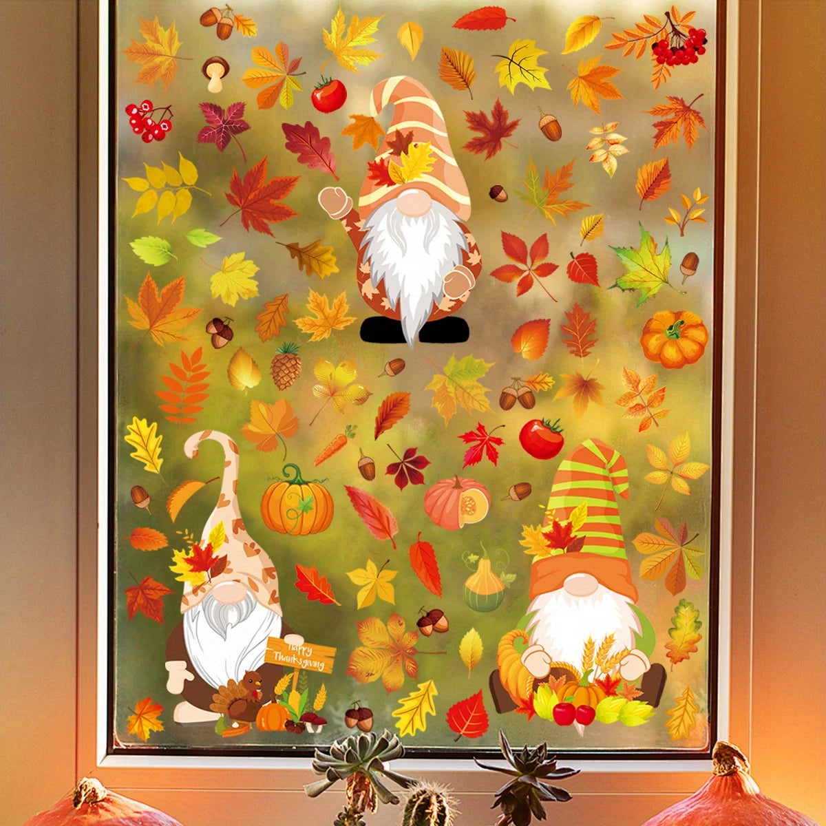 Thanksgiving Autumn Window Stickers – Leaves & Gnome Decals Window Decal Sticker Richie's