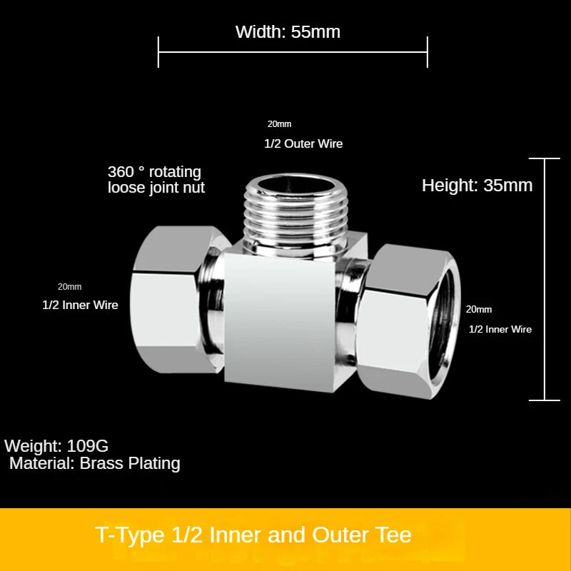 1/2" All-Brass Three-Way Faucet Splitter | 1-In-2-Out Fitting Brass Pipe Fitting Richie's 2