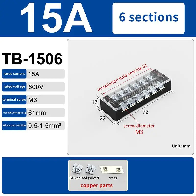 Dual Row Barrier Screw Terminal Block 15A 600V TB Series Screw Terminal Block Richie's TB1506