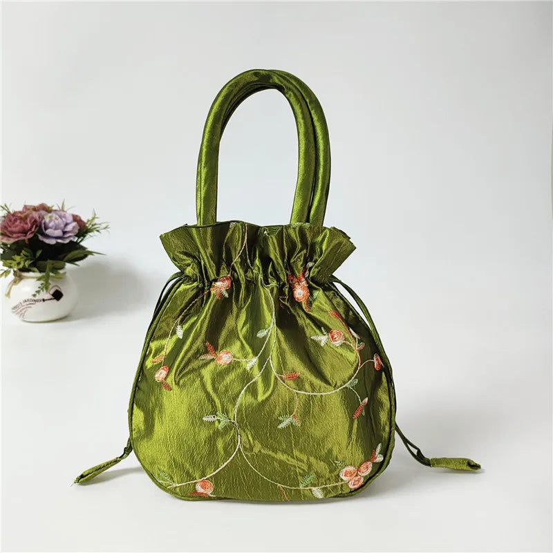 Women Embroidery Flower Cosmetic Bag – Ethnic Mini Purse & Pouch Cosmetic Pouch Richie's Grass - Green 2