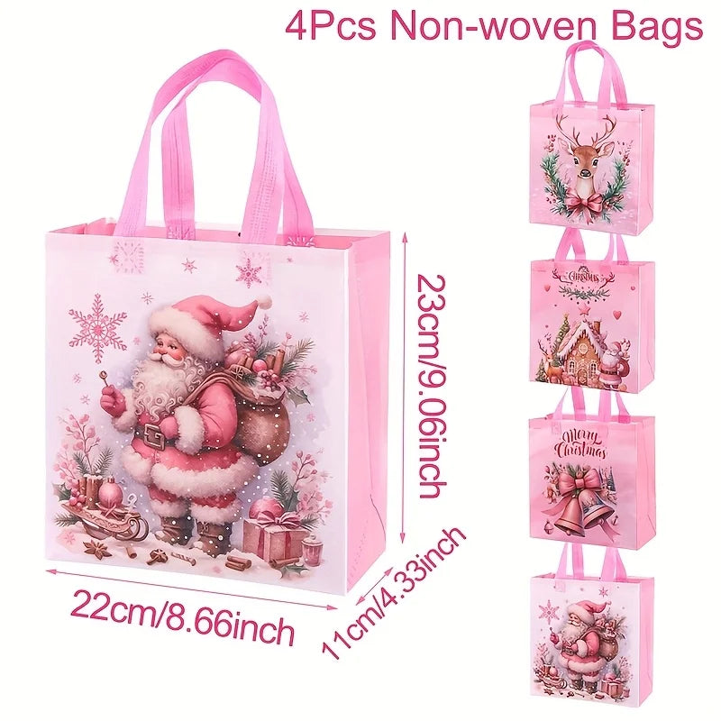 Pink Christmas Tote Bags with Handles | Santa & Elk 4/8 Pcs Christmas Gift Bags Richie's 4pcs