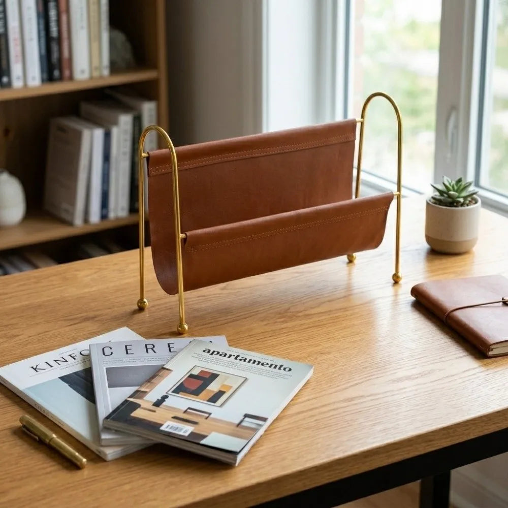 Gold Metal Frame Desktop Organizer with PU Leather | Home & Office Desktop Storage Organizer Richie's