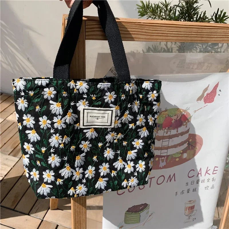 Daisy Embroidered Canvas Tote Bag – Women's Floral Handbag Canvas Tote Bag Richie's Black