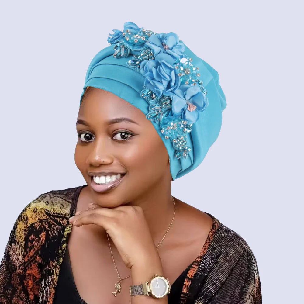 Women's Crinkle Headwrap African Headtie Rhinestone Flower Cap Fashion Headwrap Richie's sky blue
