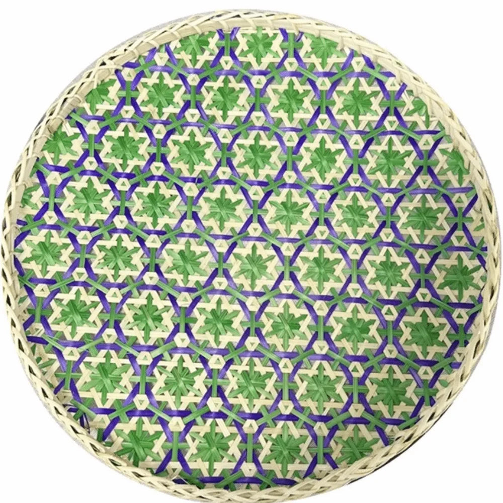 Bohemian Bamboo Woven Fruit Basket – Handwoven Round Tray Bamboo Woven Basket Richie's Green 35cm