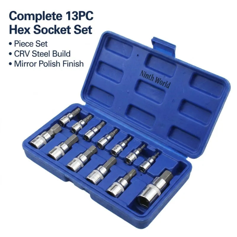 13pc Allen Key Hex Bit Socket Set 1/4" 3/8" 1/2" Drive CRV Steel Socket Wrench Set Richie's Blue