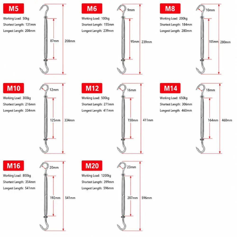 304 Stainless Steel Turnbuckle Wire Rope Tensioner M5–M20 Wire Rope Turnbuckle Richie's