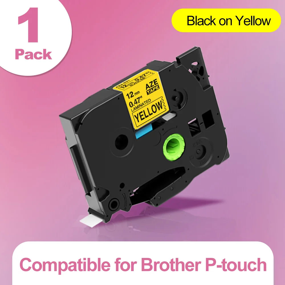 MarkDomain TZe Compatible Brother Label Tape 6mm–24mm P-Touch Label Printer Tape Richie's Black on Yellow 9mm