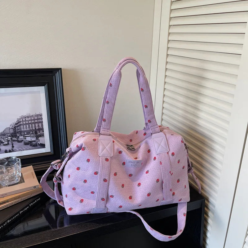 Strawberry Corduroy Travel Bag – Large Crossbody Duffel Travel Duffel Bag Richie's Purple