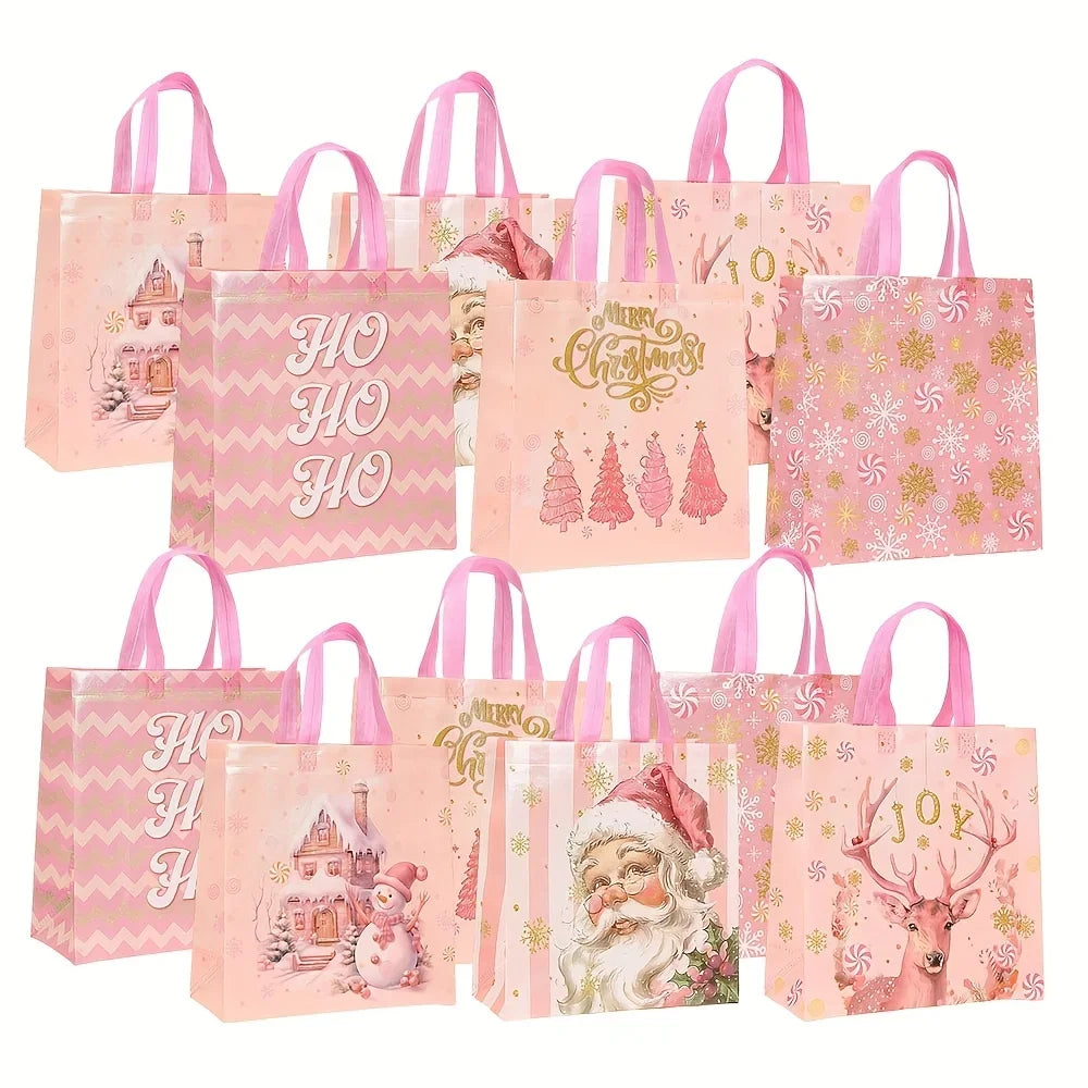 Pink Christmas Party Favor Bags with Handles | Xmas Treat Bags Christmas Favor Bags Richie's