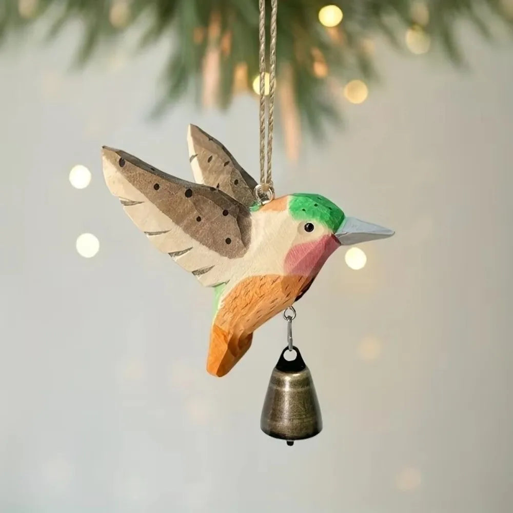 Hand-Carved Hummingbird Wood Figurine with Bell Wind Chime Wood Bird Figurine Richie's