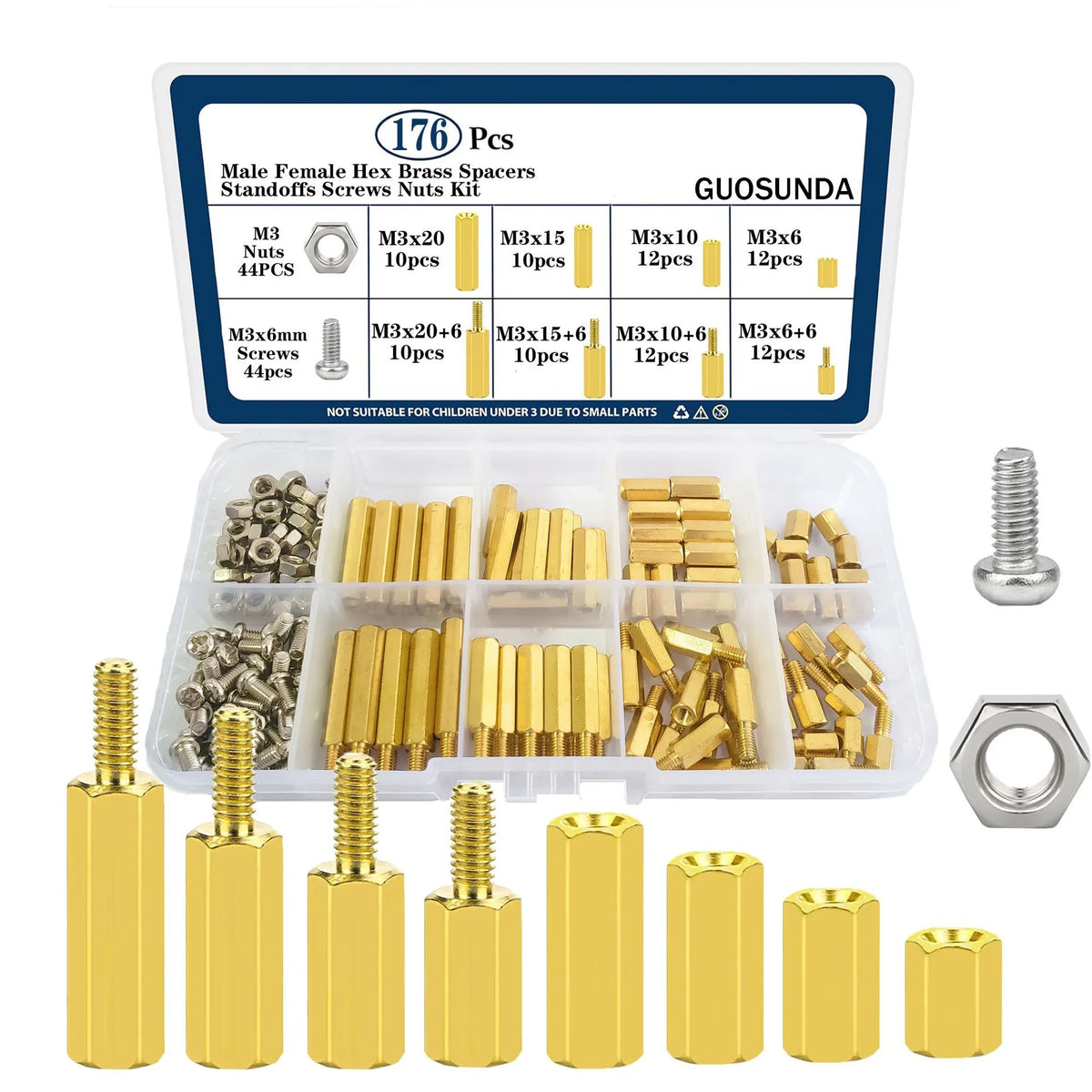 M3 Brass Hex Standoff Screw & Nut Combo Set 176/216 Pcs Brass Standoff Kit Richie's 176Pcs