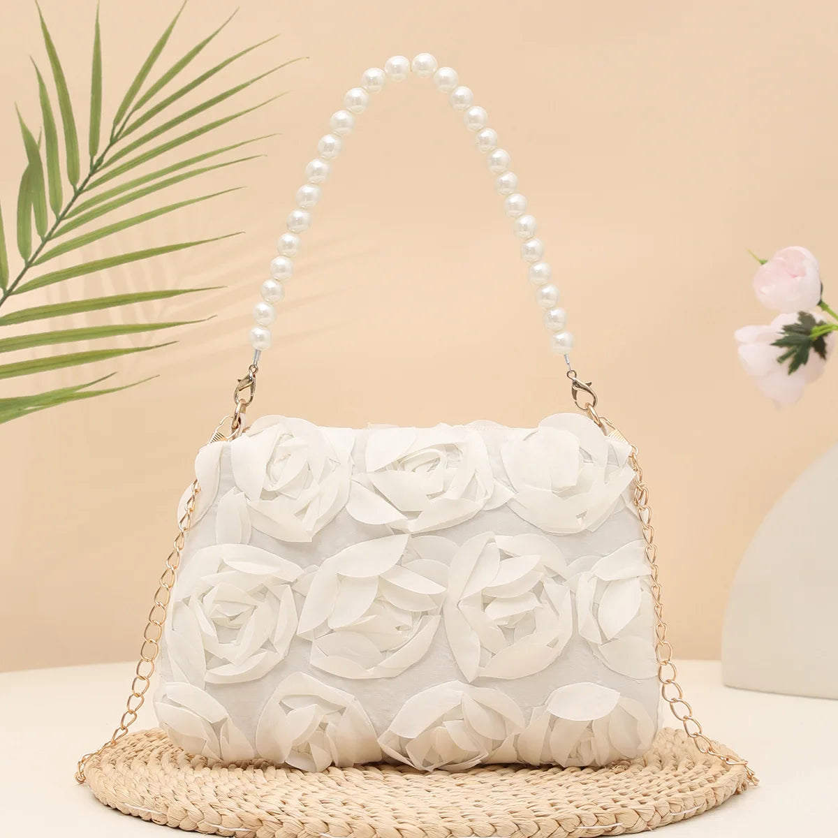 Chiffon 3D Flower Evening Bag Women Chain Shoulder Clutch Evening Clutch Bag Richie's Creamy-white