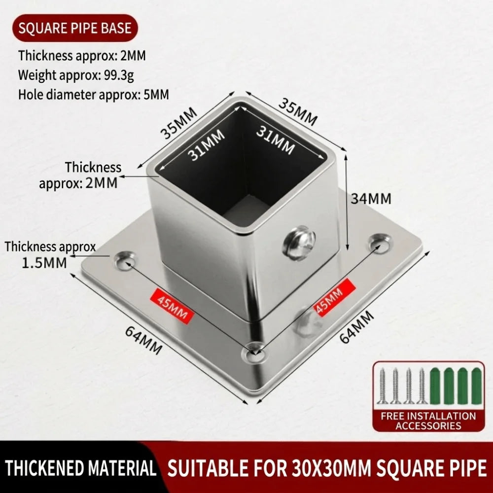 Stainless Steel Square Tube Connector Flange Base 20–40mm Tube Connector Fitting Richie's 3 20mm