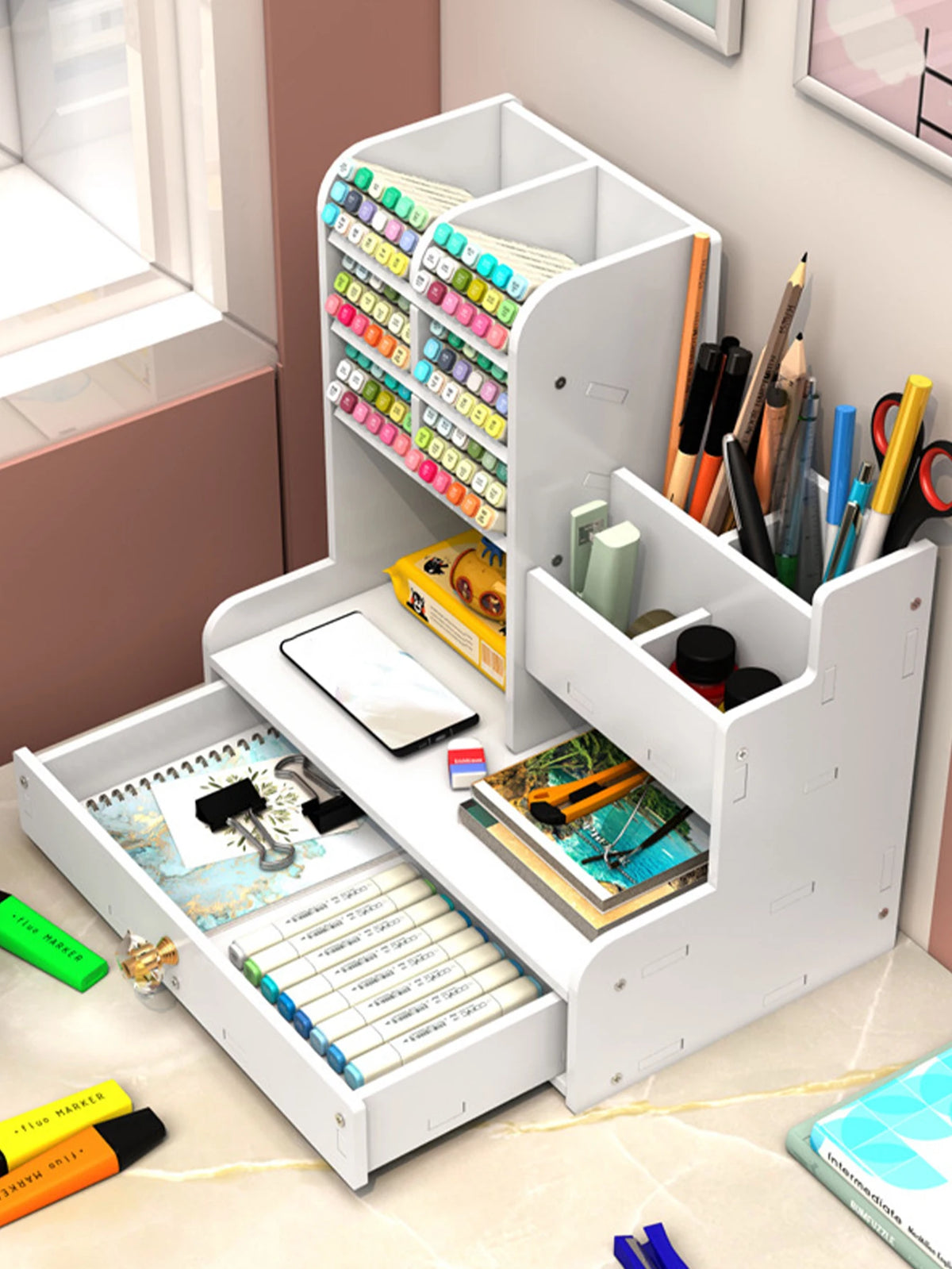 White Desk Organizer with Drawer | Multi-Compartment Storage Box Desk Organizer Richie's