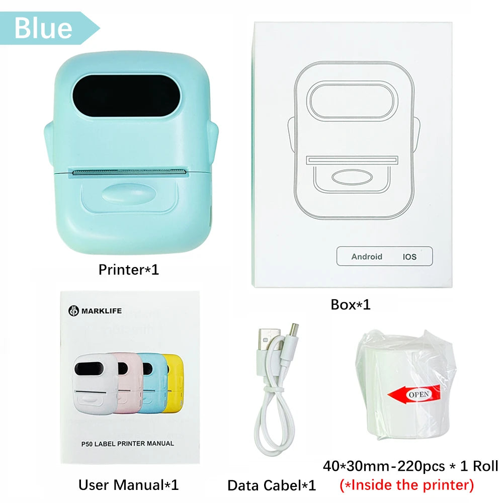 Marklife P50 Bluetooth Thermal Label Printer 12–50mm Thermal Label Printer Richie's Blue Standard Set