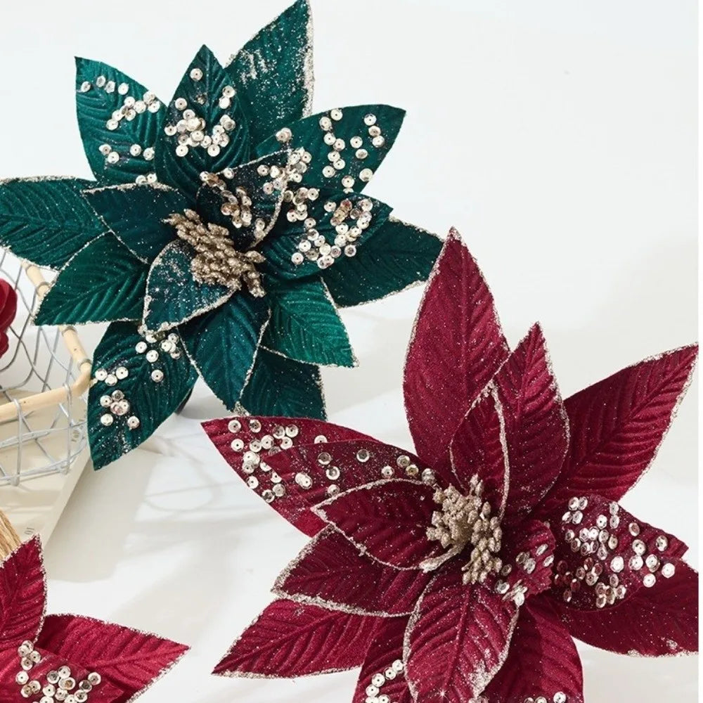 25CM Glitter Artificial Poinsettia Flower | Christmas Wedding Decor Artificial Decorative Flower Richie's