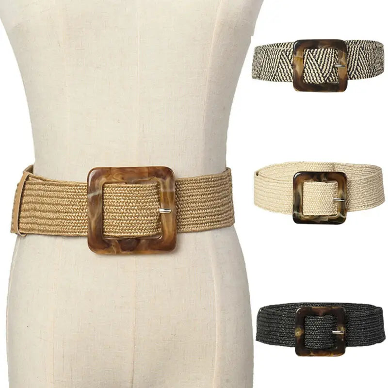 Women's Wide Woven Straw Belt – Elastic Carved Wood Buckle Wide Fashion Belt Richie's