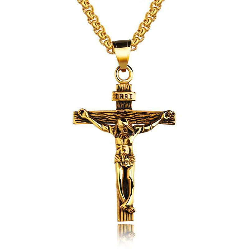 Sacred Crucifix Cross Pendant Necklace – Gold & Silver Steel Cross Pendant Necklace Richie's Dark brown