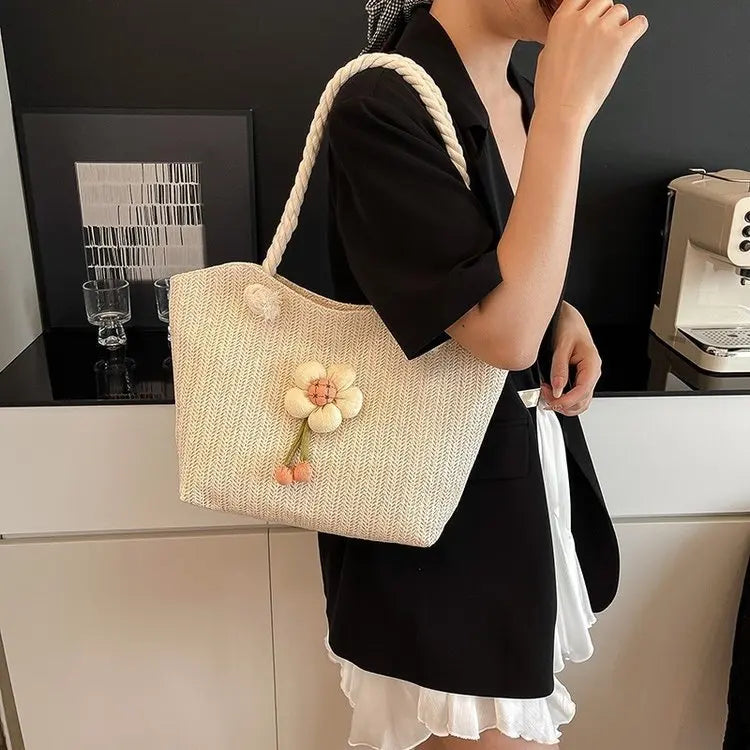 Women's Straw Woven Shoulder Bag – Flower Embroidery Beach Tote Straw Shoulder Bag Richie's