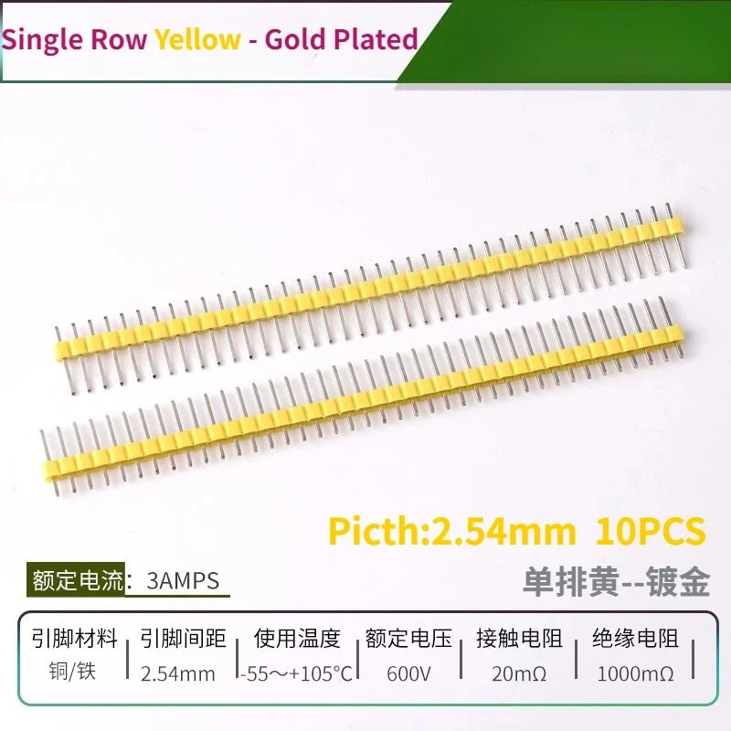 10PCS Color Gilded Pin Headers 2.54mm Single & Double Row Set PCB Pin Headers Richie's Yellow Gold 10PCS