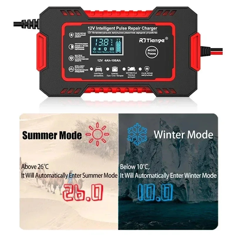 12V 6A Smart Car Battery Charger LCD Pulse Repair Lead Acid Car Battery Charger Richie's