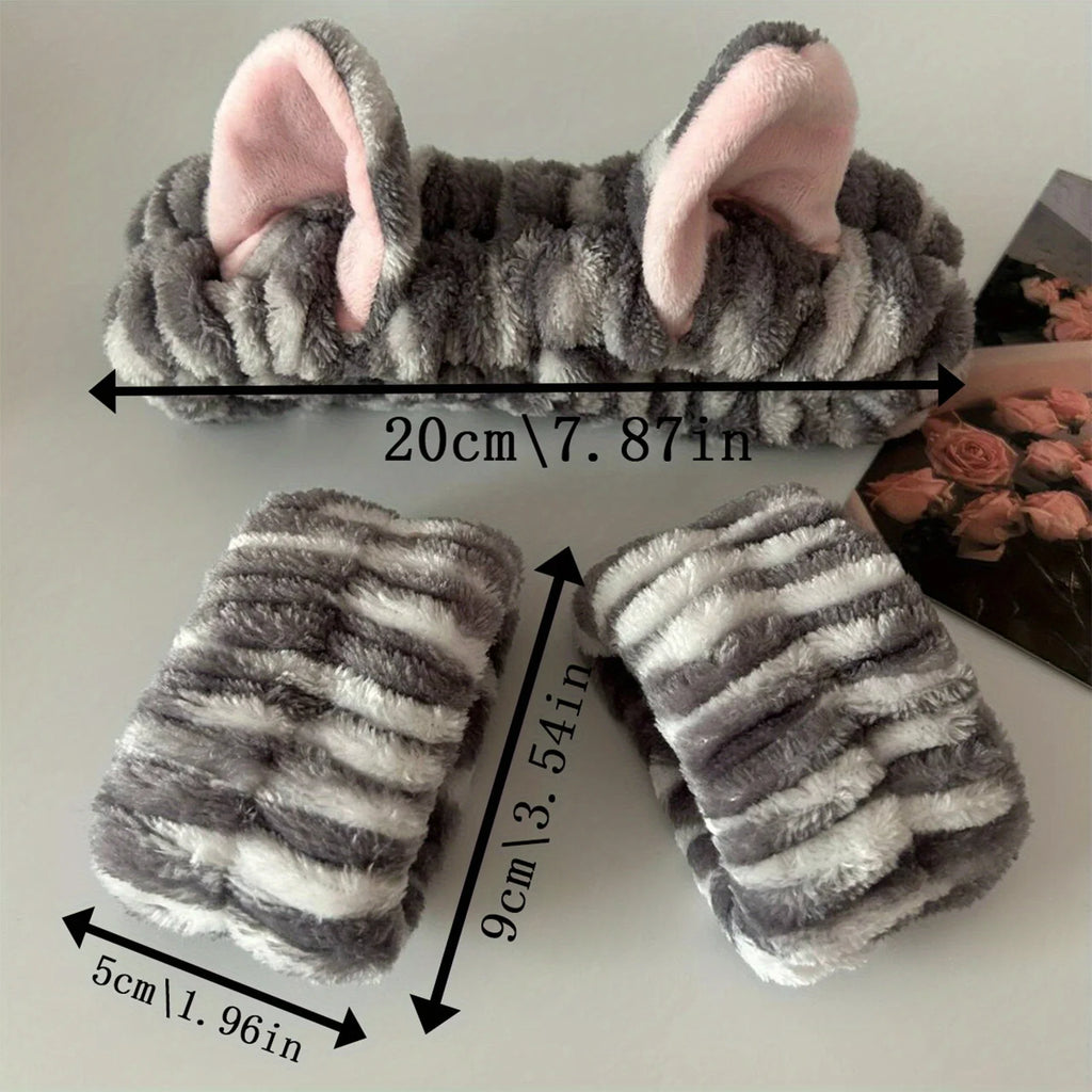 Cute Cat Ear Plush Headband & Wrist Strap Set – Coral Fleece Wash Headband Set Richie's