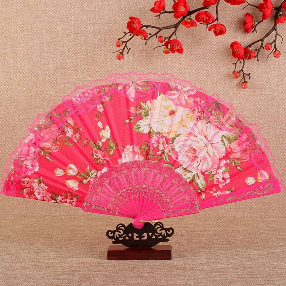 Elegant Foldable Lace Hand Fan – Floral Vintage Dance Party Decorative Hand Fan Richie's Rose Red