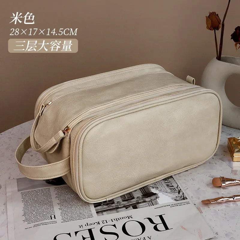 PU Leather Makeup Bag Large Capacity Double Zipper Travel Organizer Makeup Travel Bag Richie's beige