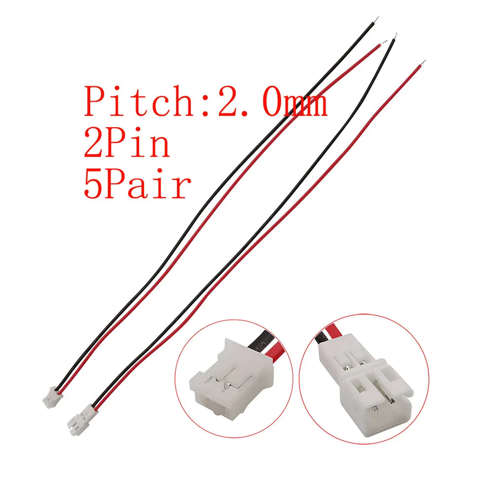 10Pcs JST PH 2.0mm Connector 2–6 Pin Male Female 26AWG Cables Wire Connector Set Richie's 5Pair 2Pin-JK