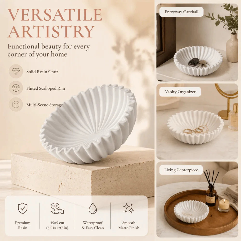 White Resin Fluted Decorative Bowl | Scalloped Ruffle Design Decorative Bowl Richie's