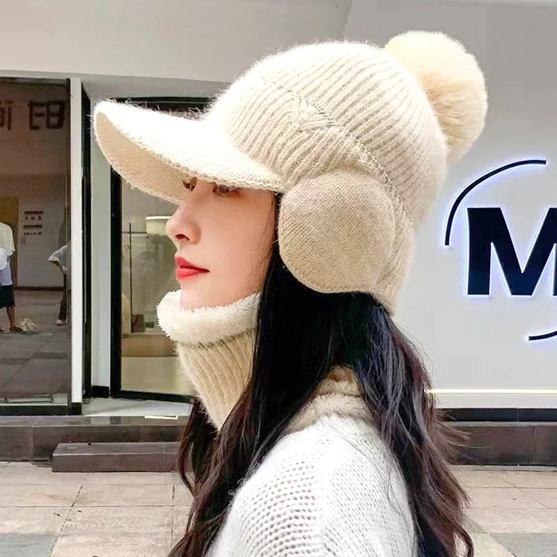 Women's Knitted Earflap Hat with Pompom – Winter Earmuff Cap Winter Knit Hat Richie's