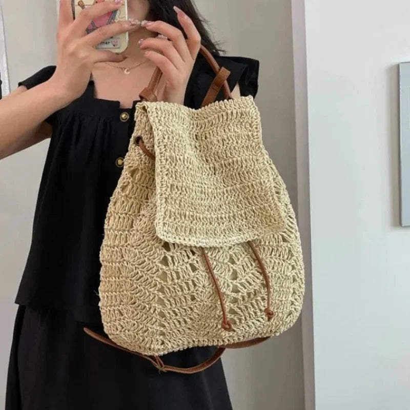 Large Woven Straw Drawstring Backpack for Women | Casual Woven Straw Backpack Richie's