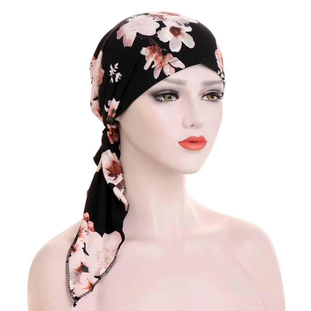 Women's Printed Pre-Tied Turban Cap Hijab Headscarf Bandana Turban Headscarf Cap Richie's black pink flower