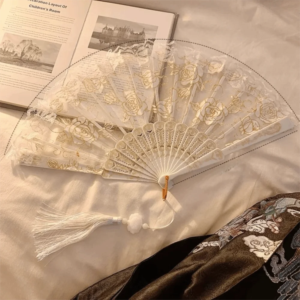 Floral Lace Foldable Hand Fan with Tassel – Dance & Party Decorative Hand Fan Richie's White
