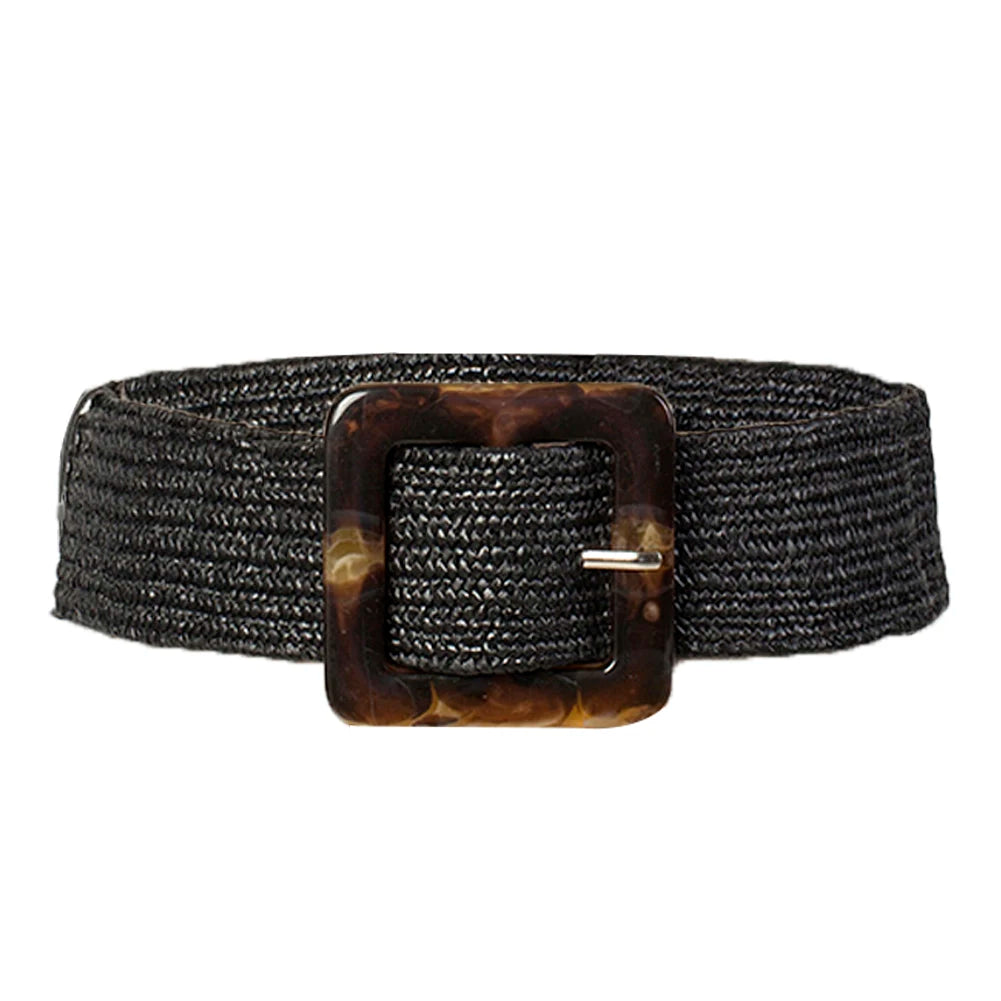 Women's Wide Woven Straw Belt – Elastic Carved Wood Buckle Wide Fashion Belt Richie's black