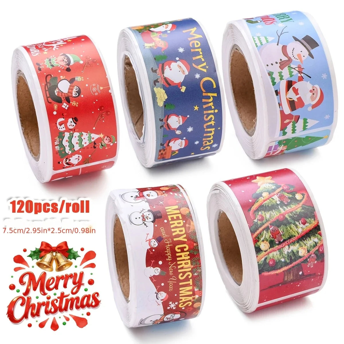 120 Pcs Christmas Doodle Sticker Roll – Festive Strip Labels Christmas Sticker Roll Richie's