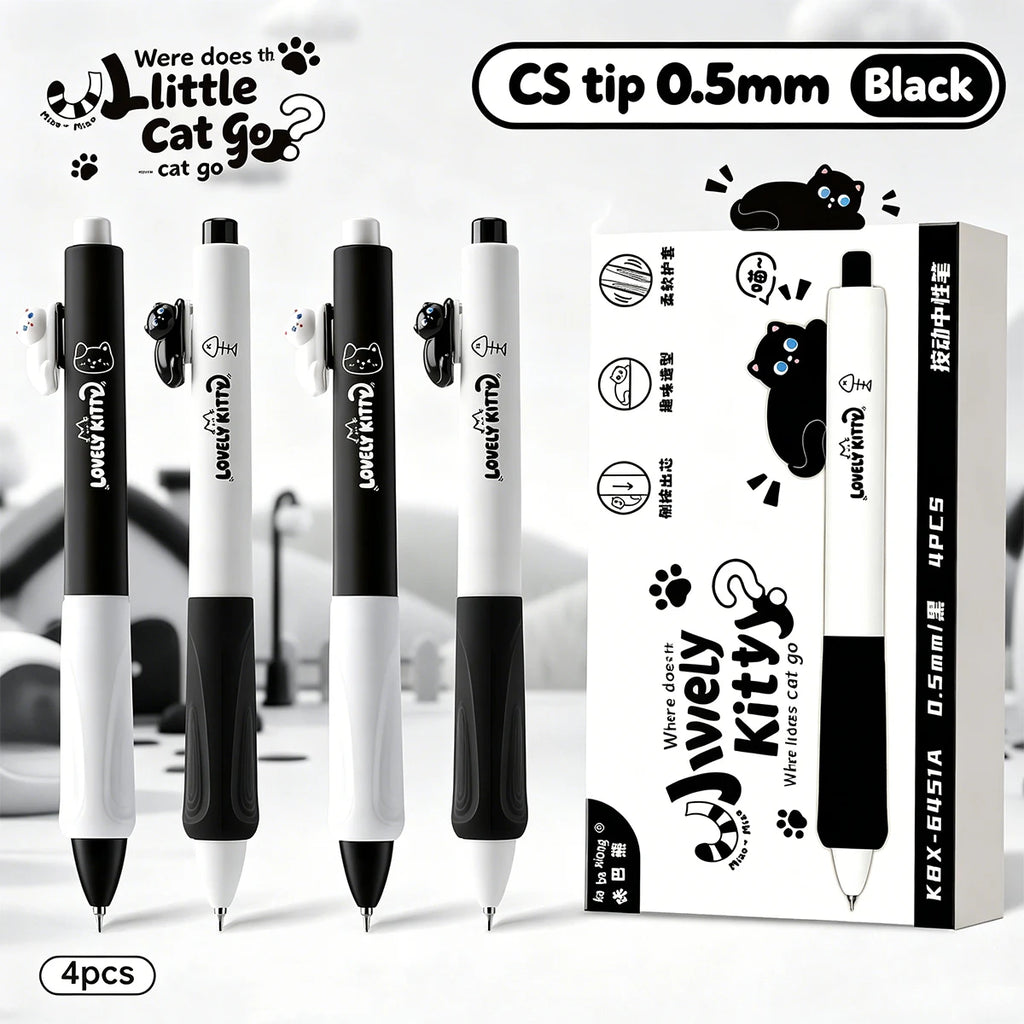 4-Pack Cute Cat Gel Pens 0.5mm Fine Point Soft Grip Gift Set Gel Pen Set Richie's black