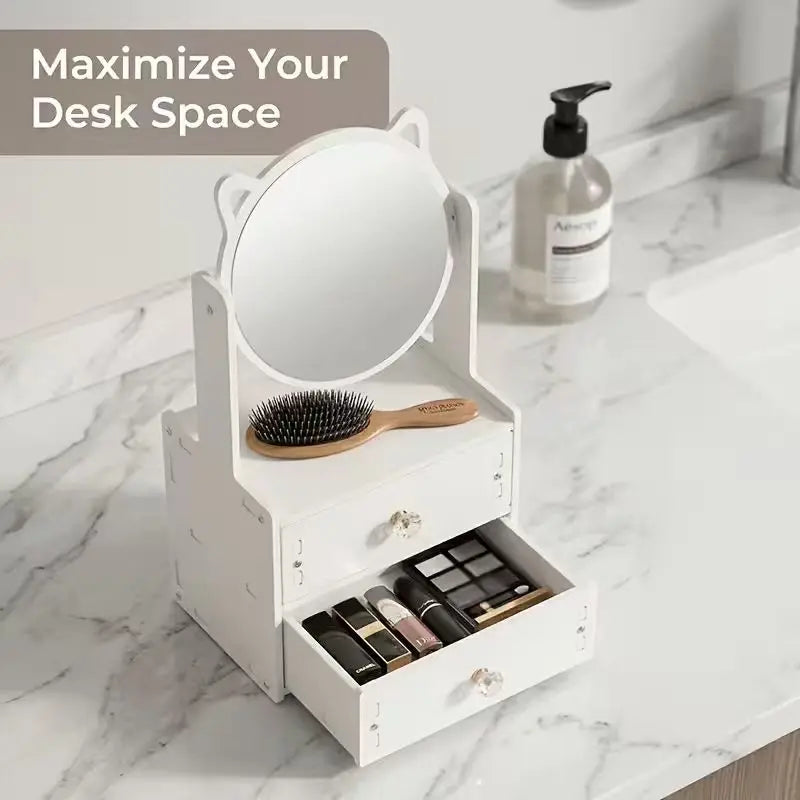 Cat Ear Makeup Organizer with Mirror & 2 Drawers Makeup Organizer Richie's