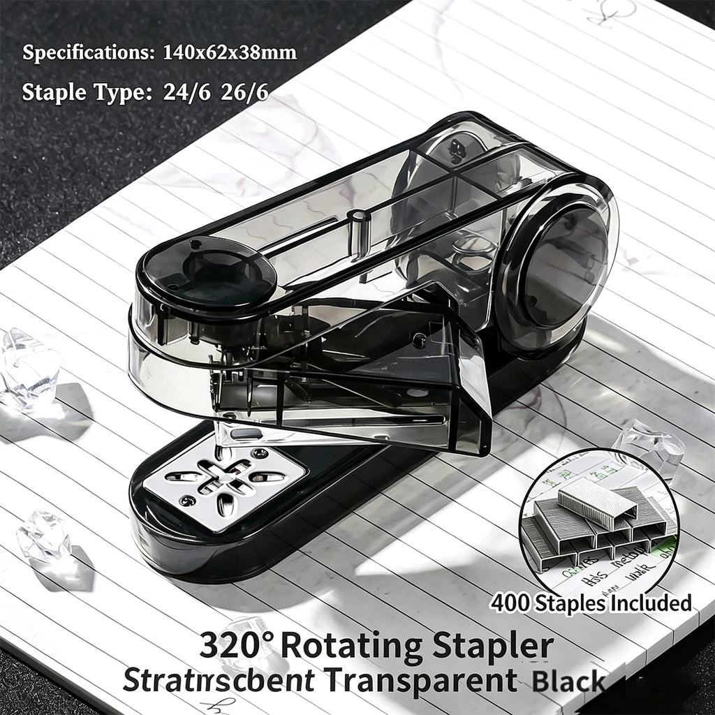 360° Rotatable Transparent Desktop Stapler, 25-Sheet Capacity Desktop Stapler Richie's black