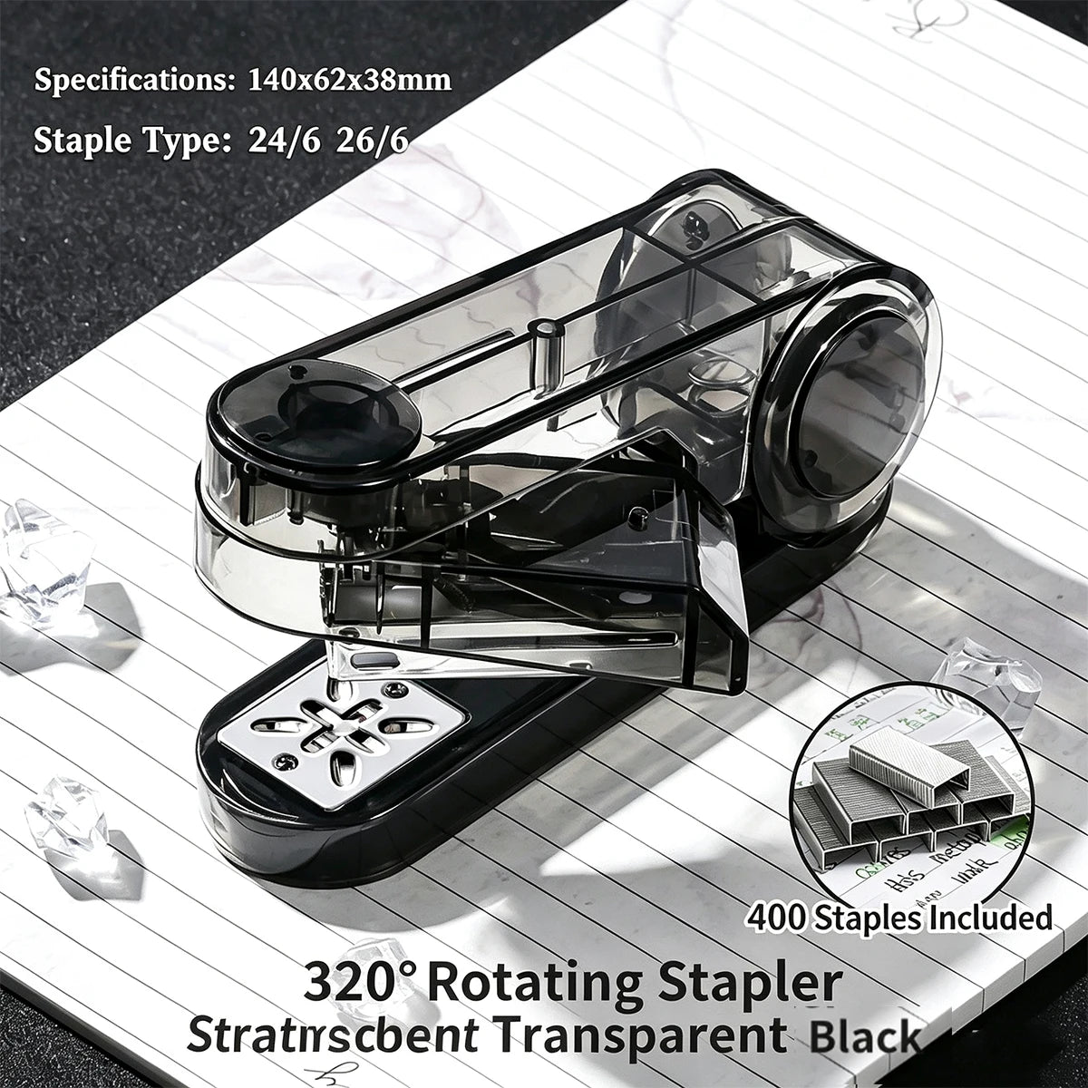 360° Rotatable Transparent Desktop Stapler, 25-Sheet Capacity Desktop Stapler Richie's black