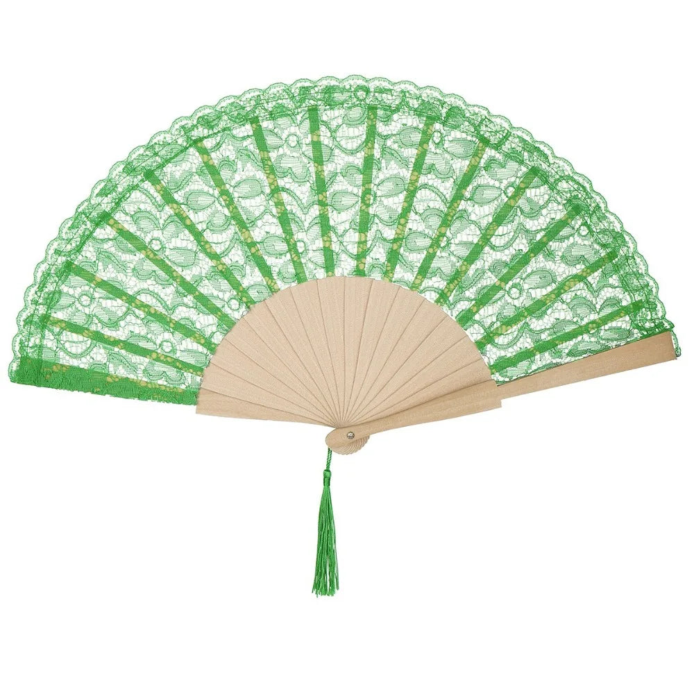 Vintage Chinese Folding Fan Lace Flower Tassel Pendant Wood Folding Hand Fan Richie's Green