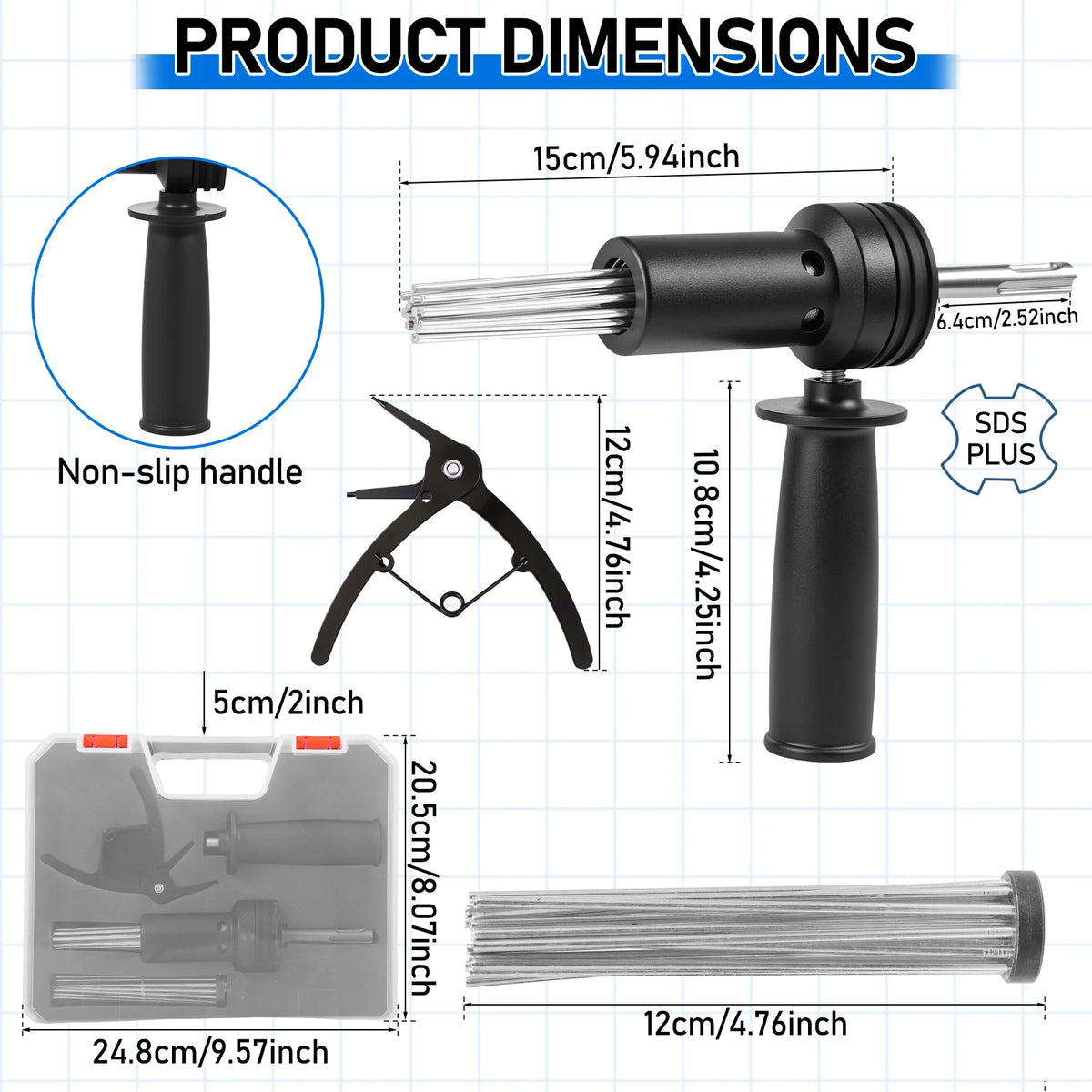 SDS Plus Needle Scaler – 18 Hardened Steel Needles & Case Needle Scaler Attachment Richie's set A