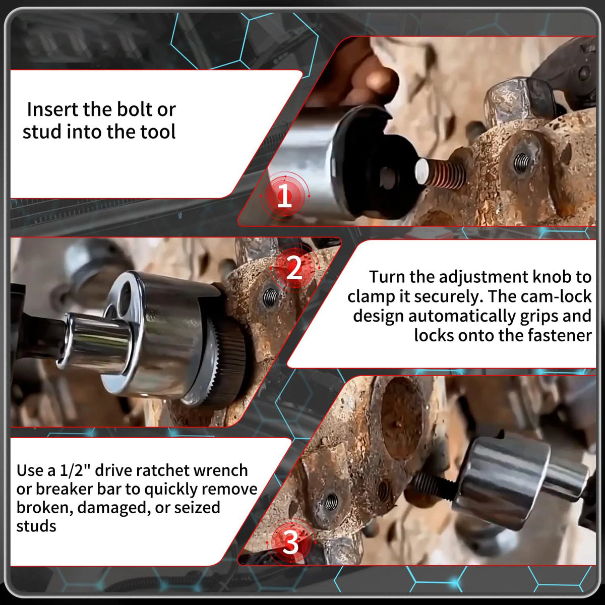 1/2" Drive Stud Remover Cam Lock Extractor 1/4"–3/4" Stud Extractor Tool Richie's