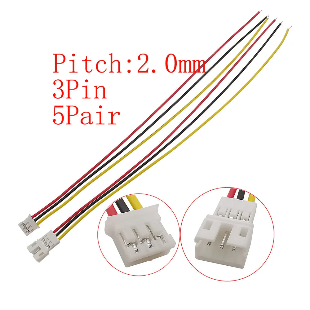 10Pcs JST PH 2.0mm Connector 2–6 Pin Male Female 26AWG Cables Wire Connector Set Richie's 5Pair 3Pin-JK