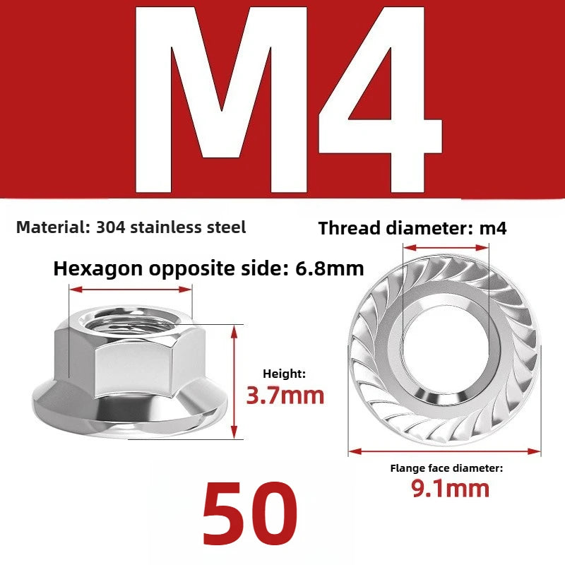 304 SS Hex Flange Nuts M3–M8 Anti-Loosening Serrated Hex Flange Nuts Richie's 304 M4 50pcs