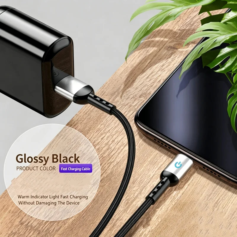 FUCHU Braided USB-C Cable LED Indicator Fast Charging 1.2M USB-C Charging Cable Richie's Black 1.2m