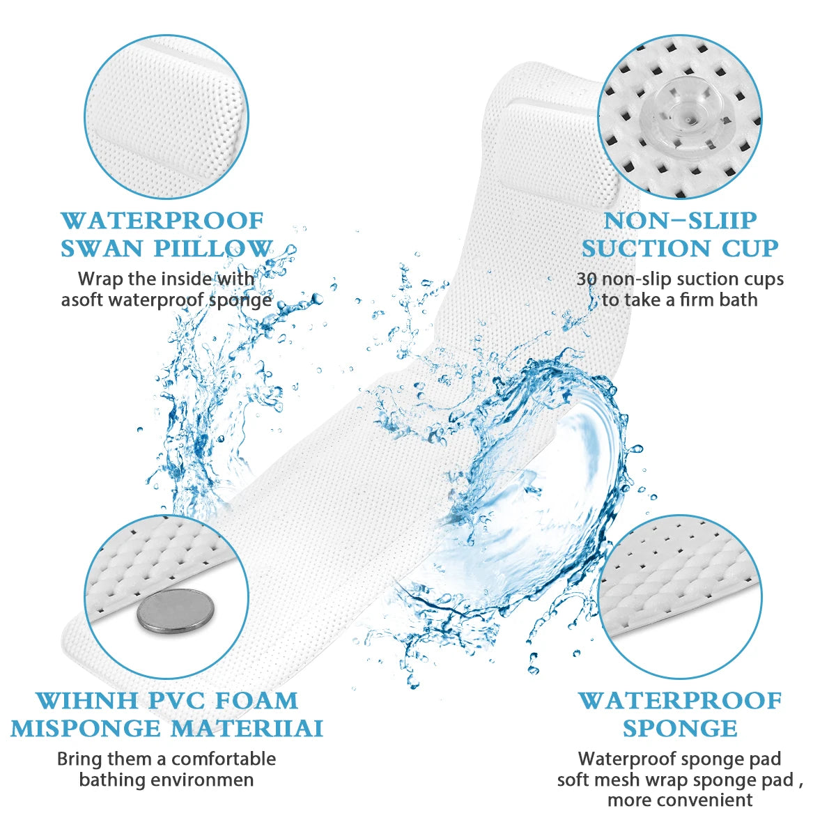 Non-Slip Full Body Bath Mat with Pillow & Suction Cups Bath Cushion Mat Richie's