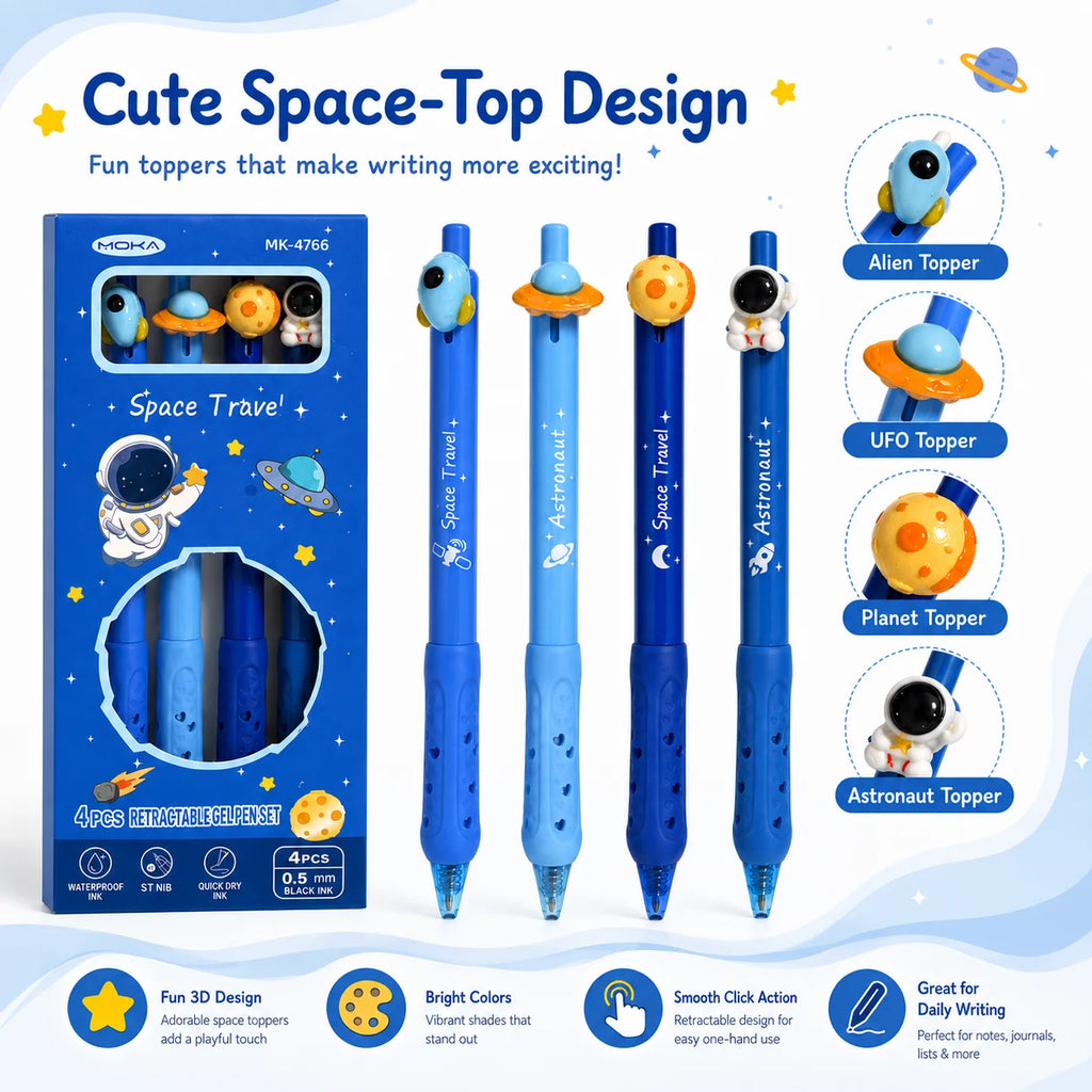 4-Pack Space Astronaut Topper Retractable Gel Pens 0.5mm Black Ink Retractable Gel Pens Richie's